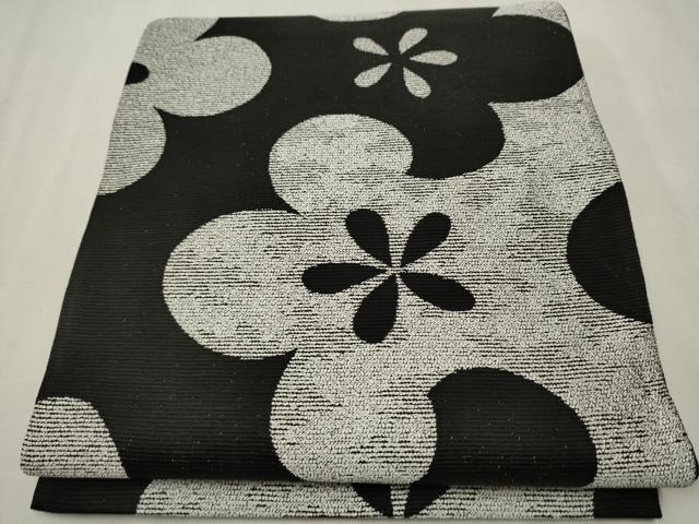 袋帯 美品 名品 菊青海波 草花 金糸 箔 灰白 六通 正絹 【中古】