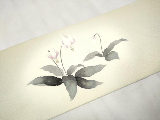 平和屋着物○九寸名古屋帯 作家物 手描き 草花文 金彩 鬼しぼ