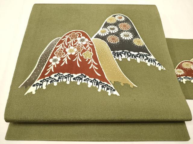 平和屋着物●九寸名古屋帯　型染め　遠山草花文　鬼しぼ縮緬　正絹　逸品　CAAV7013hy