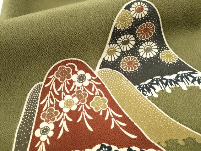 平和屋着物○九寸開き名古屋帯 型染 遠山文 鬼しぼ縮緬