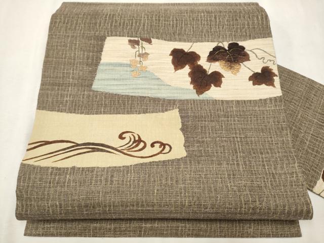 平和屋着物●九寸名古屋帯　紬地　柿渋染め　蔦の葉文　金糸　正絹　逸品　CAAV7026hy