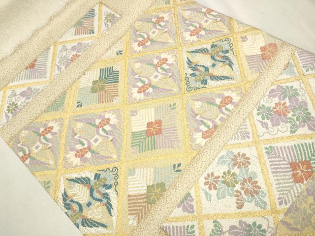 平和屋着物○太鼓柄袋帯 綴れ 向かい鳥草花文 金銀糸 正絹 逸品