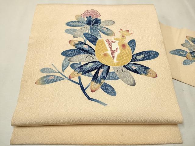 平和屋着物●人間国宝・羽田登喜男　九寸名古屋帯　枝花文　鬼しぼ縮緬　正絹　逸品　CAAV7088hy