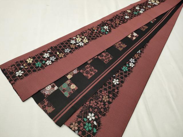 平和屋着物●両面　半幅帯　舞桜間道　金糸　正絹　逸品　CAAV7095hy