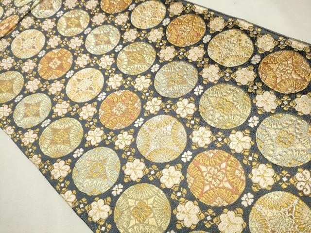 平和屋着物○両面 六通柄袋帯 縞模様 黒地 金銀糸 正絹 逸品