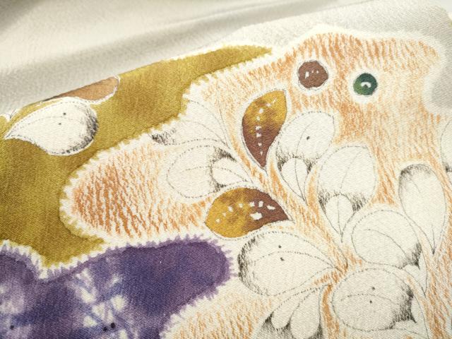 平和屋着物●京都府指定無形文化財　染色作家　小倉建亮の弟子　市瀬史郎　九寸名古屋帯　舞葉文　鬼しぼ縮緬　正絹　逸品　CAAV7161hy 平和屋着物○京都府指定無形文化財 染色作家 小倉建亮の