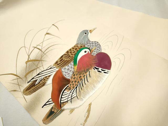 平和屋着物●塩瀬　九寸名古屋帯　作家物　手描き　鴛鴦　金彩　正絹　逸品　CAAV7164hy 平和屋着物○塩瀬 九寸名古屋帯 作家物 手描き 鴛鴦 金彩 正絹 逸品