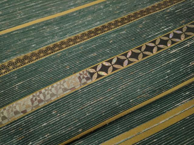 平和屋着物○両面 太鼓柄袋帯 紬地 螺鈿箔 横段吉祥文