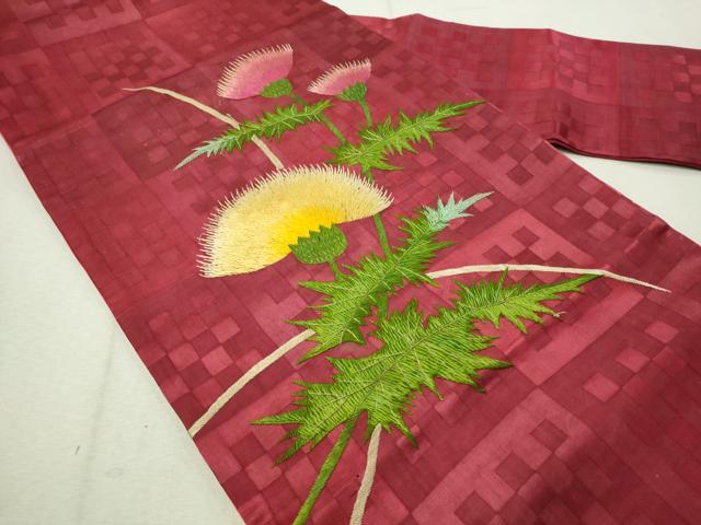 平和屋着物○アンティーク 大正ロマン 総刺繍 九寸名古屋帯 草花文 黒地