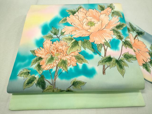 平和屋着物●瀧蒼雲　塩瀬　九寸名古屋帯　手描き　枝牡丹　正絹　逸品　CAAV8719vp 平和屋着物○瀧蒼雲 塩瀬 九寸名古屋帯 手描き 枝牡丹 正絹