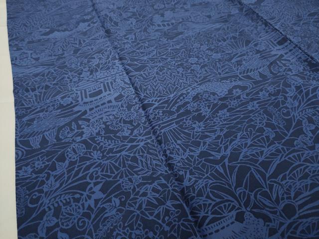 平和屋着物▽上質な小紋　単衣　本藍　型絵染　風景草花文　正絹　逸品　CAAV8868gh 平和屋着物▽上質な小紋 単衣 本藍 型絵染 風景草花