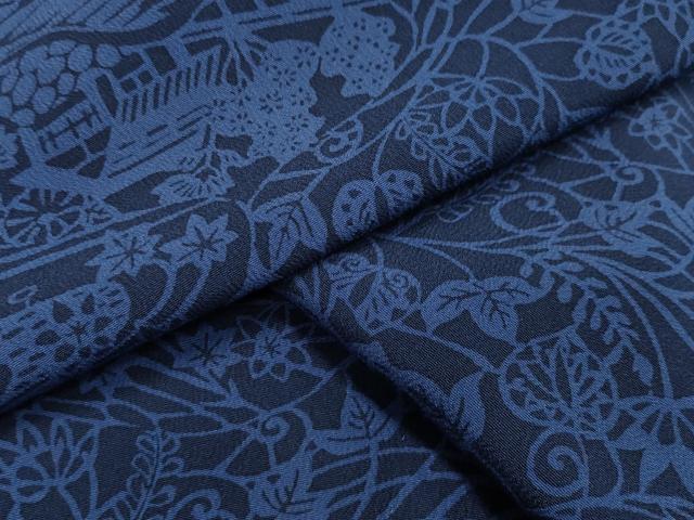 平和屋着物▽上質な小紋 単衣 本藍 型絵染 風景草花