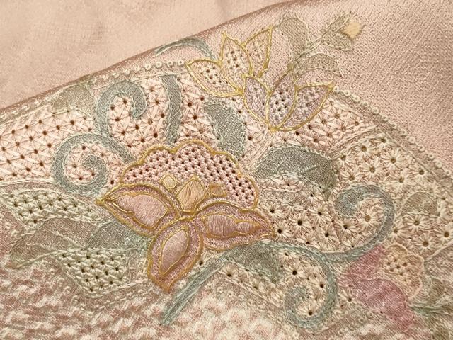 平和屋着物▽中国三大刺繍　スワトウ刺繍　訪問着　単衣　絞り　地紙重ね花唐草文　金彩　正絹　逸品　CAAV8876gh_5