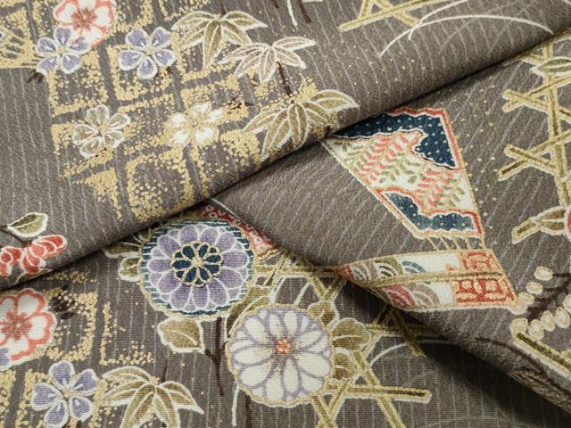 平和屋着物▽小紋　単衣　扇面松竹梅文　金彩　洗える着物　CAAV8888gh