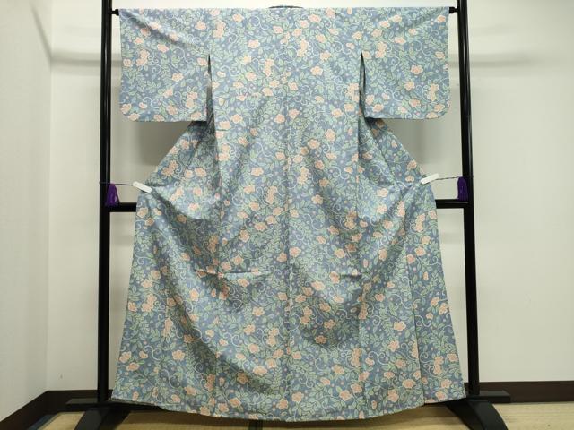 平和屋着物▽小紋 単衣 花唐草文 洗える着物 CAAV8892gh