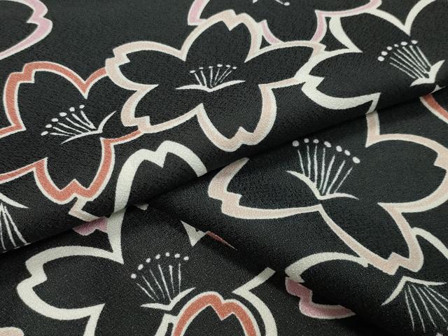 平和屋着物▽小紋　単衣　舞桜文　黒地　洗える着物　CAAV8898gh