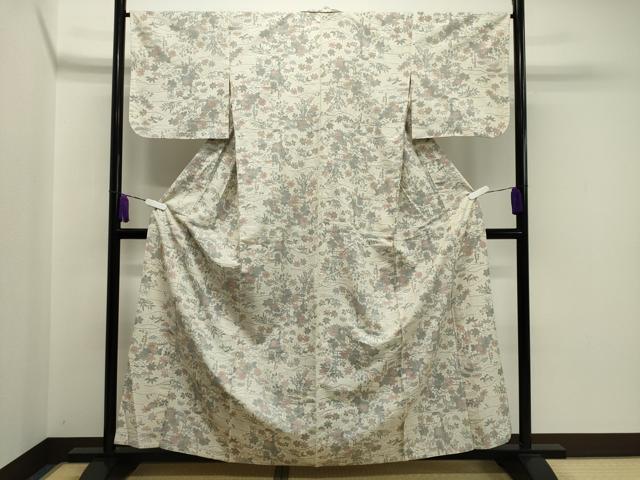 平和屋着物▽上質な紬　単衣　風景笠松文　正絹　逸品　CAAV8903gh