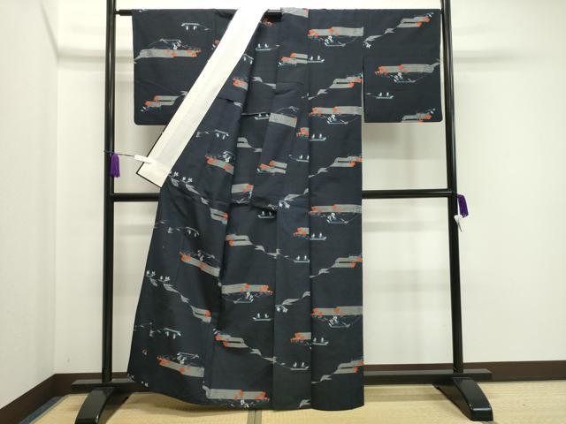 平和屋着物▽上質な紬 単衣 草花文 正絹 逸品 CAAV8929gh