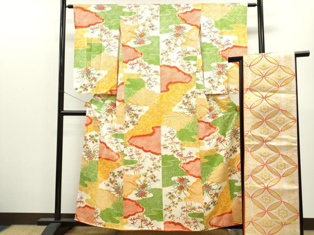 平和屋着物∵女の子　十三参り　子供　祝着・袋帯セット　絞り　雲取り枝花文　逸品　CAAV9301ze