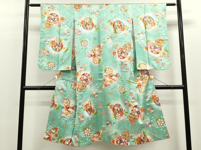 七五三 7歳女の子 5点 120～135cm 青緑 鞠鴛鴦 子供着物 9RG10 七五三