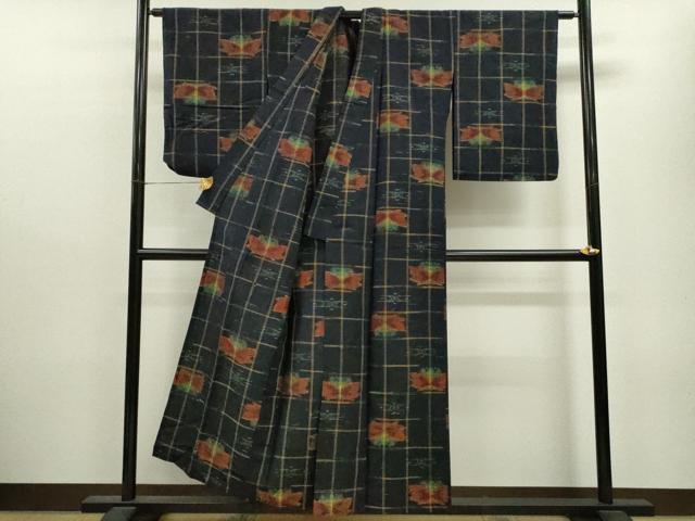 平和屋着物▽上質な紬 単衣 格子舞蝶文 正絹 逸品 CAAV9467ze