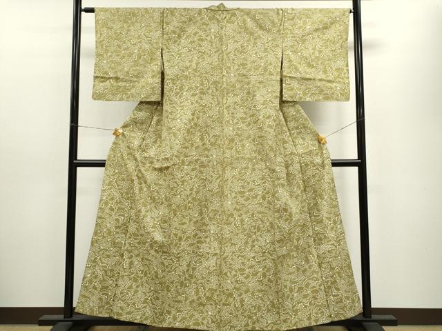 平和屋着物▽上質な紬 単衣 型染め 更紗花唐草文 正絹