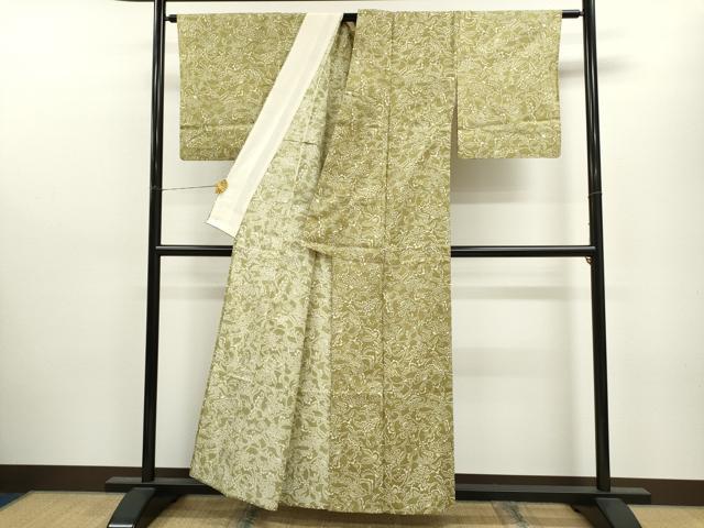 平和屋着物▽上質な紬　単衣　型染め　更紗花唐草文　正絹　逸品　CAAV9476ze 平和屋着物▽上質な紬 単衣 型染め 更紗花唐草文 正絹