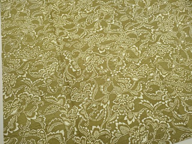 平和屋着物▽上質な紬 単衣 型染め 更紗花唐草文 正絹