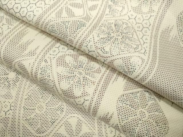 平和屋着物▽上質な紬　単衣　変わり縞吉祥花文　正絹　逸品　CAAV9497ze