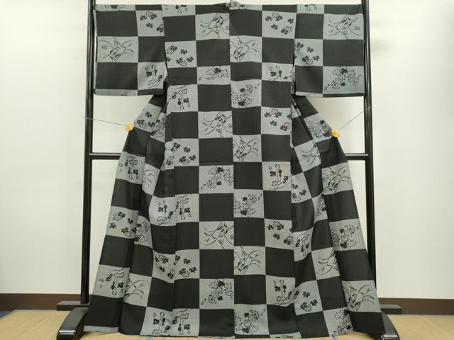 平和屋着物▽小紋　単衣　市松草花文　黒地　洗える着物　CAAV9545ze 平和屋着物▽小紋 単衣 市松草花文 黒地 洗える着物 CAAV9545ze 平和屋