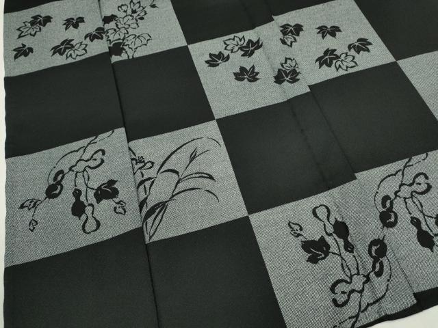 平和屋着物▽小紋 単衣 市松草花文 黒地 洗える着物 CAAV9545ze 平和屋