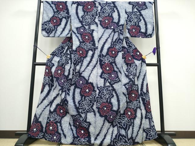 平和屋着物■希少　上質な小紋　絞り　本藍　型染　椿　正絹　逸品　未使用　CAAR5395fb 平和屋着物□希少 上質な小紋 絞り 本藍 型染 椿 正絹 逸品