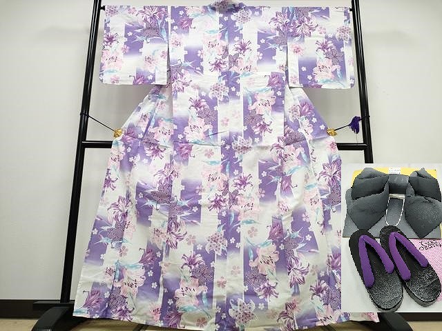 平和屋着物∴夏物　浴衣・つけ帯・下駄セット 　綿紅梅　百合　ラメ系　逸品　未使用　CAAW0961ng
