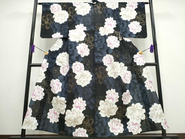平和屋着物∴夏物　ファッションデザイナー　HIROKO KOSHINO　コシノヒロコ　浴衣　牡丹　黒地　金彩　綿　逸品　CAAW1050ng