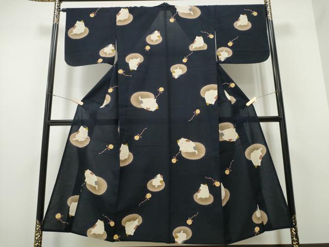 平和屋着物∴夏物 浴衣 鈴 猫 黒地 綿 逸品 CAAW1104ng 平和屋着物