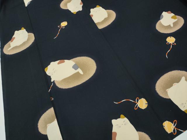 平和屋着物∴夏物 浴衣 鈴 猫 黒地 綿 逸品 CAAW1104ng 平和屋着物
