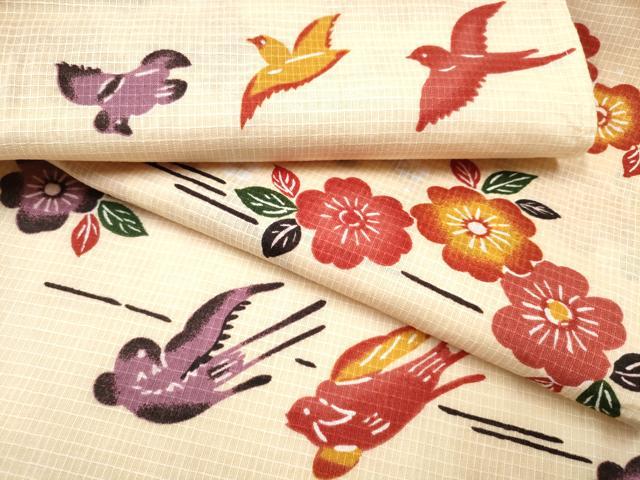 平和屋着物∴夏物　浴衣　綿紅梅　型染め　舞花鳥文　綿　逸品　CAAW1115ng