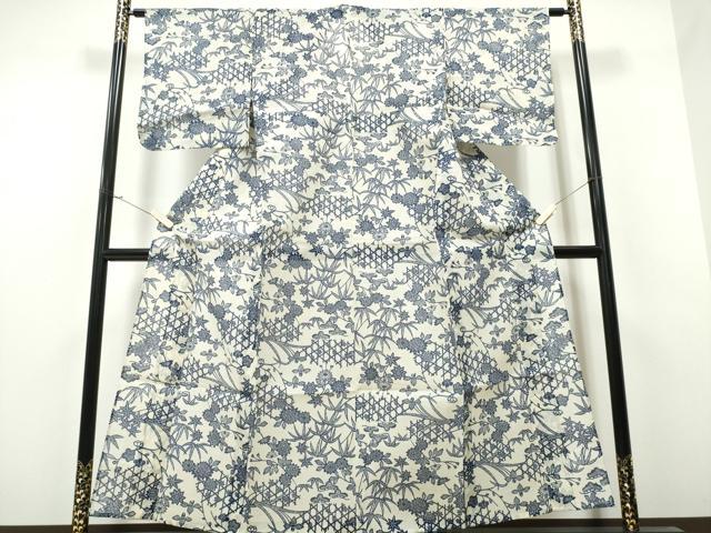 平和屋着物∴夏物 浴衣 綿紅梅 型染め 籬松竹梅菊文 綿 逸品