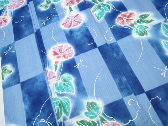 平和屋着物∴夏物 浴衣 朝顔 アサガオ 市松花文 暈し染め 逸品