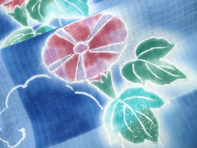 平和屋着物∴夏物 浴衣 朝顔 アサガオ 市松花文 暈し染め 逸品