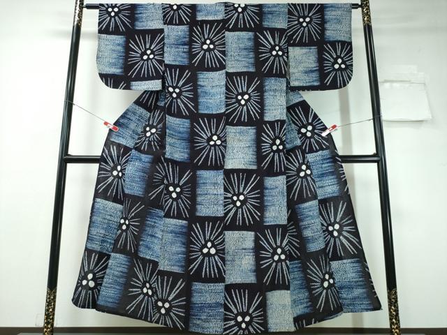 平和屋着物∴夏物　浴衣　有松鳴海絞り　杢目絞り　市松花文　綿　逸品　CAAW1197ng