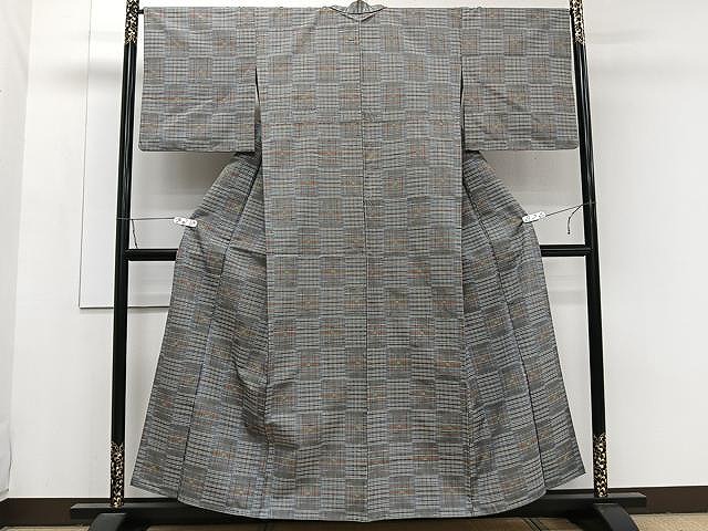 平和屋着物▽上質な紬 単衣 格子柄 正絹 逸品 CAAW1209xi