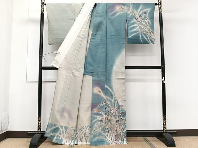 平和屋着物▽訪問着　単衣　紬地　手描き　草花文　正絹　逸品　CAAW1535xi_1