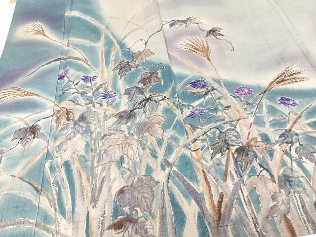 平和屋着物▽訪問着　単衣　紬地　手描き　草花文　正絹　逸品　CAAW1535xi_2