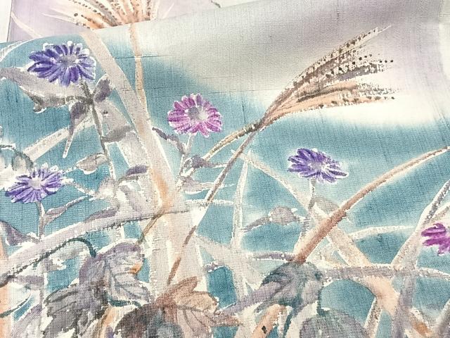 平和屋着物▽訪問着　単衣　紬地　手描き　草花文　正絹　逸品　CAAW1535xi_5