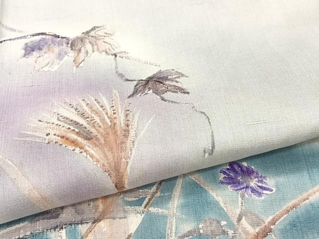 平和屋着物▽訪問着　単衣　紬地　手描き　草花文　正絹　逸品　CAAW1535xi_4
