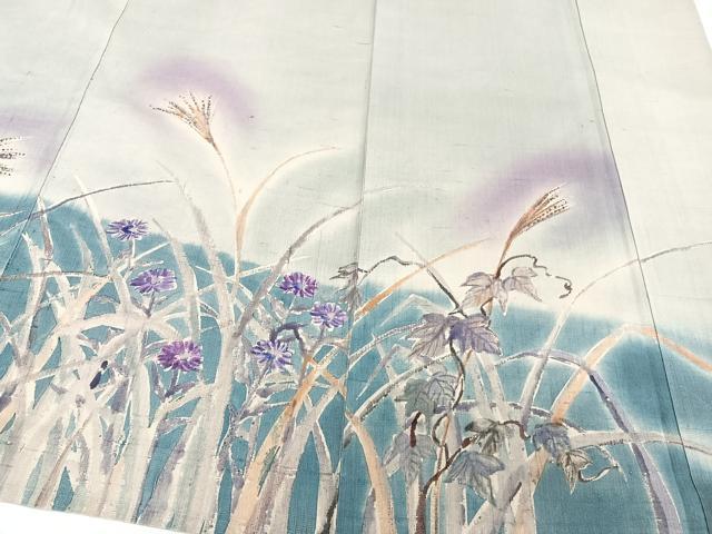 平和屋着物▽訪問着　単衣　紬地　手描き　草花文　正絹　逸品　CAAW1535xi_6