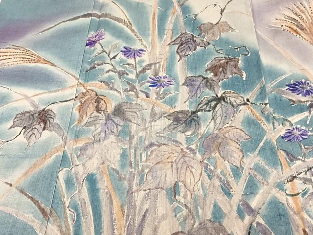 平和屋着物▽訪問着　単衣　紬地　手描き　草花文　正絹　逸品　CAAW1535xi_3