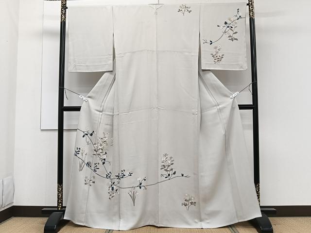 平和屋着物▽訪問着　単衣　刺繍　草花文　金彩　正絹　逸品　CAAW1537xi