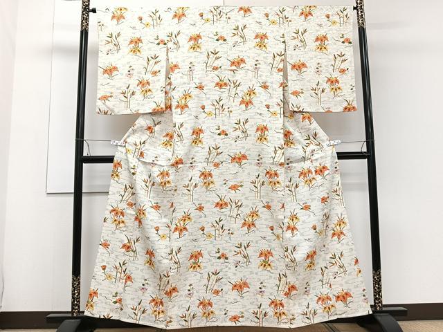 平和屋着物▽上質な小紋　単衣　流水草花文　正絹　逸品　CAAT0774dy 平和屋着物▽上質な小紋 単衣 流水草花文 正絹 逸品 CAAT0774dy